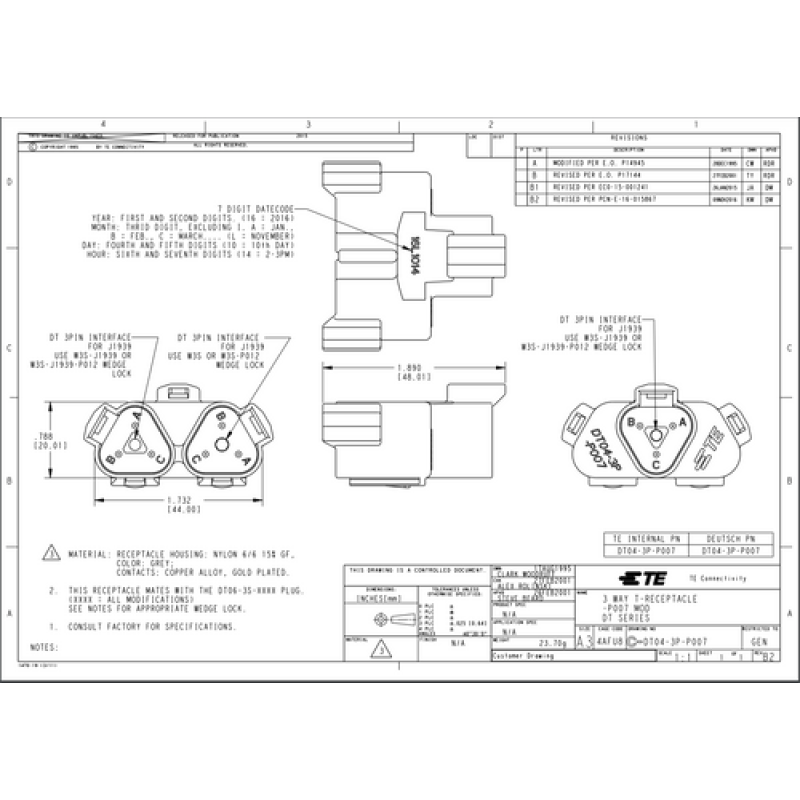 Grey Deutsch DT Connector 3 Way Y piece DT043PP007 Grey Deutsch DT Connector 3 Way Y piece DT043PP007